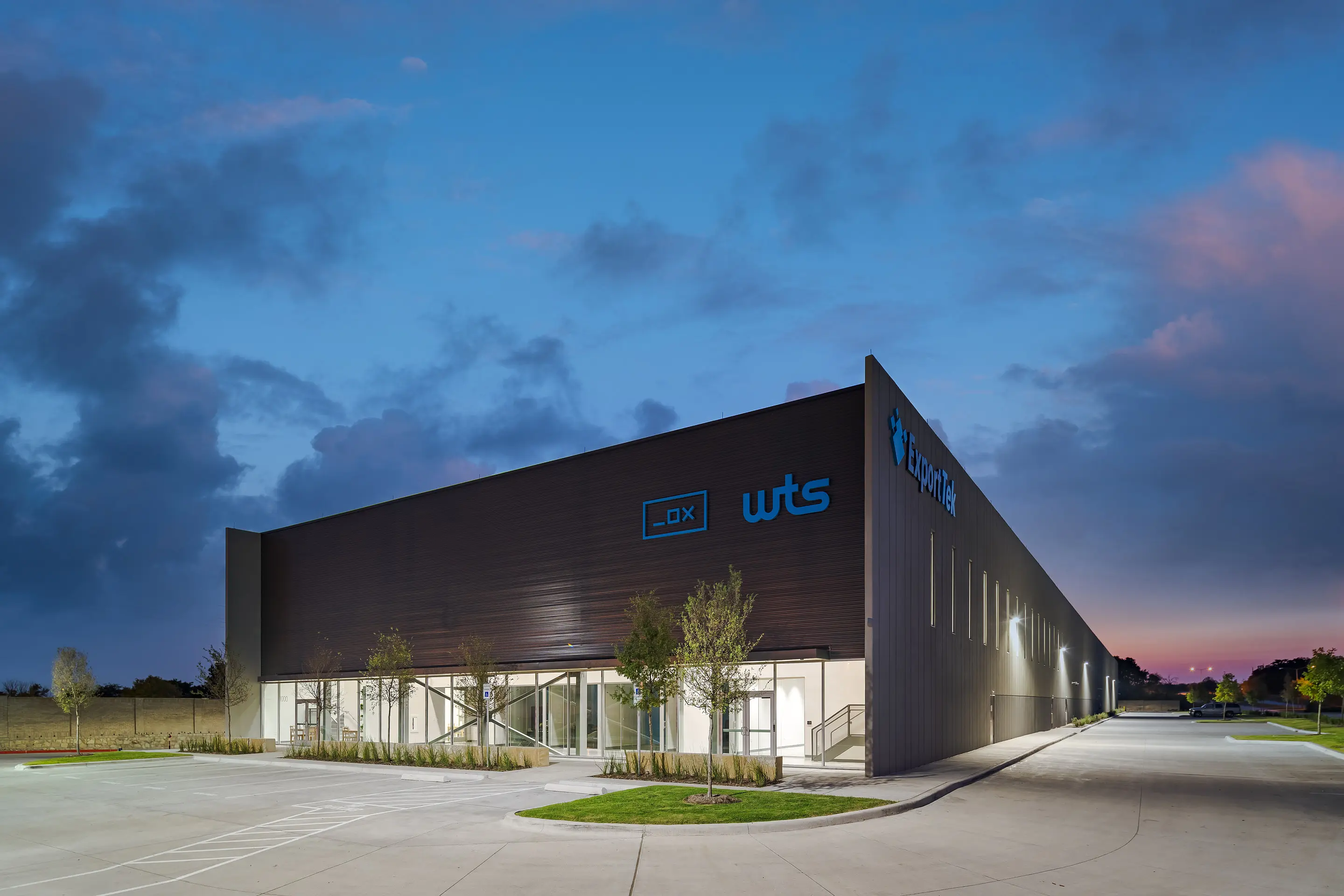 The WesternTechSystems facility in Lewisville, Texas at blue hour
