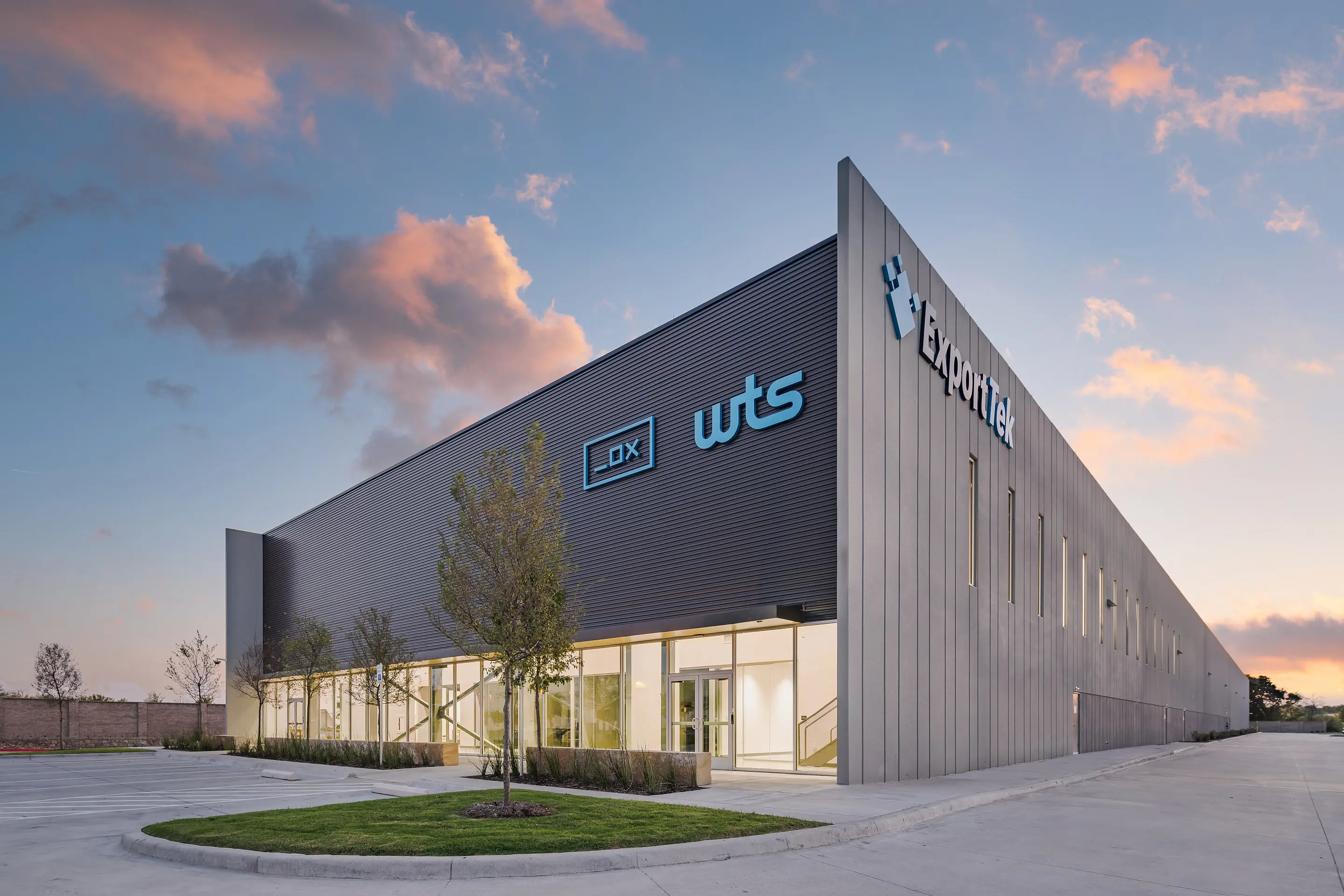 The WesternTechSystems facility in Lewisville, Texas at twilight